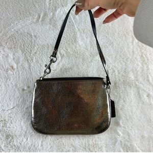 Coach Metallic Shimmer Gold Black Leather Wristlet Mini Bag Small Pouch Zip